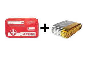Автоаптечка Petex DIN 13164 със спасително термо одеяло 160x210 см, одобрена от Гръцкото министерство на транспорта