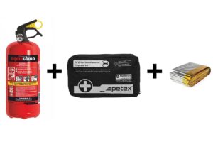 Авариен комплект с пожарогасител Ogniochron 2 кг, черна автоаптечка Petex DIN 13164 и спасително термо одеяло 160x210 см